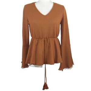 E Women's Dark Orange V-Neck Waffle Knit Long Bell Sleeve Peplum Top Shirt NWT M